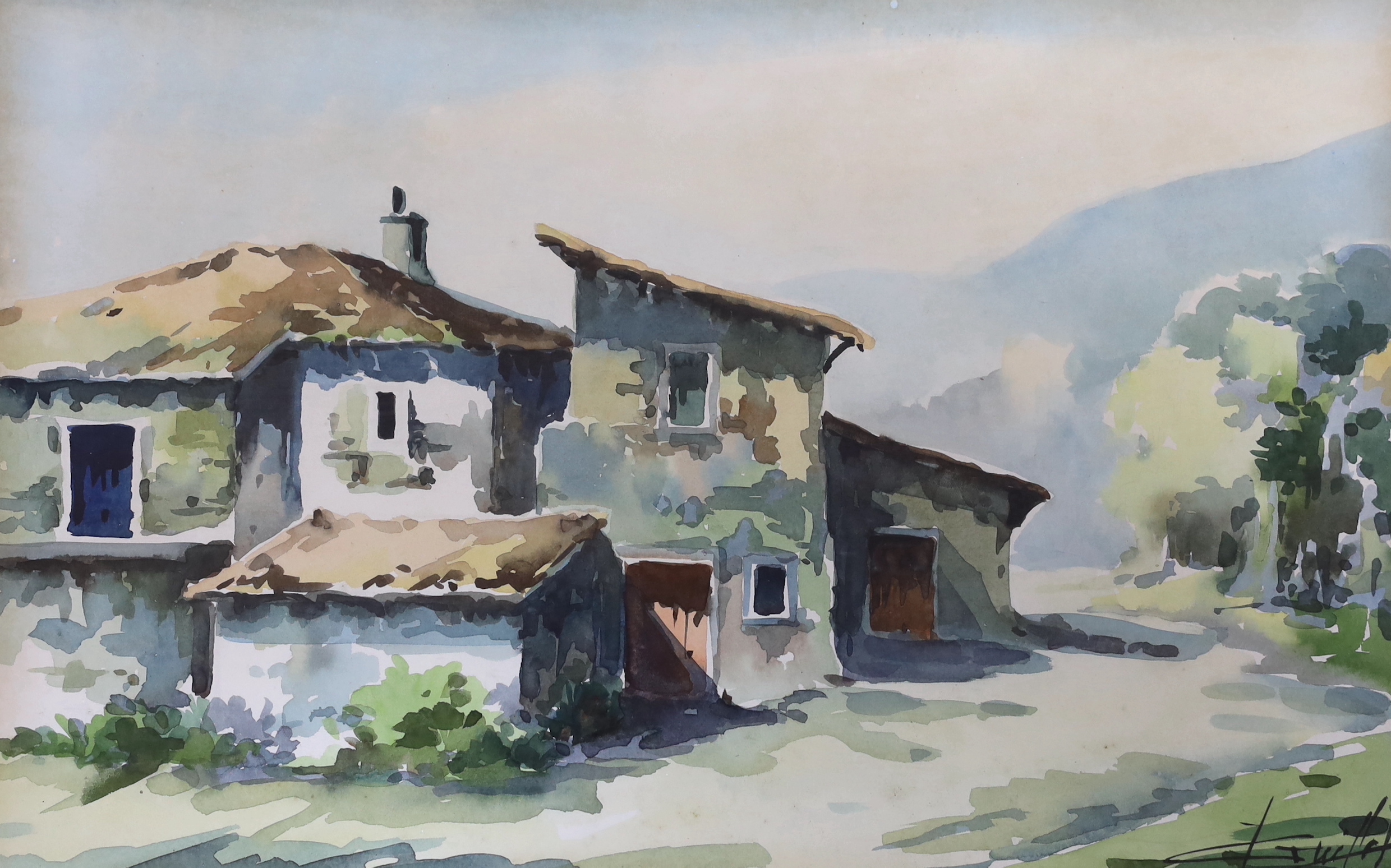 Javier Varela Guillot, four watercolours, Spanish town scene and Northern Spanish landscapes, signed and dated, largest 63 x 43cm